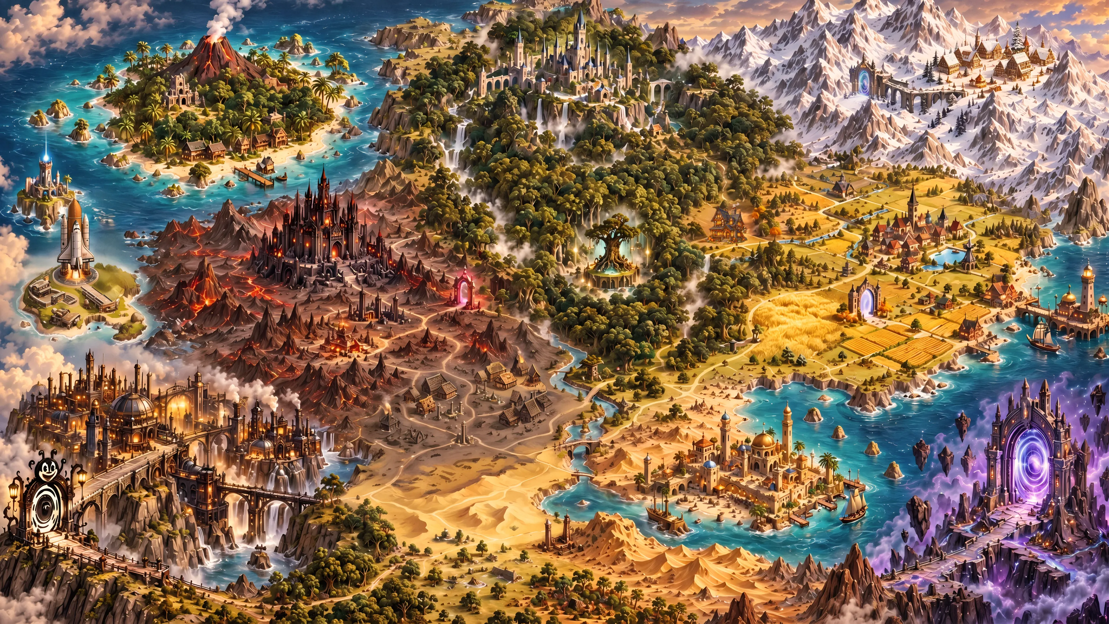 The HAI Known World at dusk: a volcanic tropical island and a space-launch islet in the western sea, a white elven city above a vast ancient forest with a great glowing tree at its heart, war-burned lands and a steampunk harbour in the south-west with a cartoon doorway on the far shore, a desert to the south, farmland and golden meadows in the east beneath snowy mountains and a village, a domed gulf city, and a violet portal among floating rocks in the south-east.